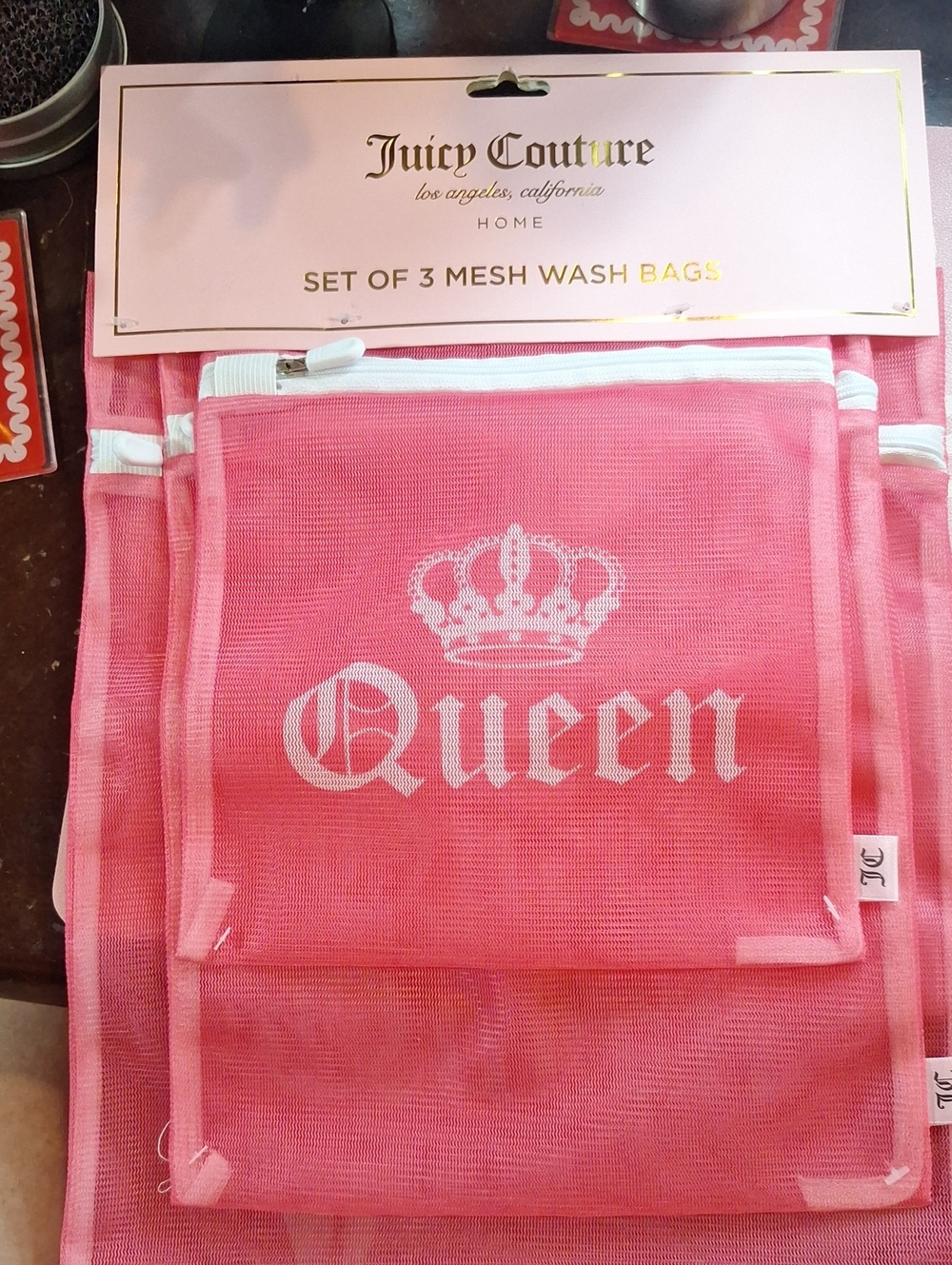 Juicy Couture Pink Mesh 'Queen' Wash Bag Set of 3